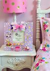 Handmade 11x11" lavender birthday photo frame with pastel floral paper, 3D cake & cupcake accents, ribbon bow, glass insert, and easel back. Holds 5x5" photo. One-of-a-kind and designer-signed.