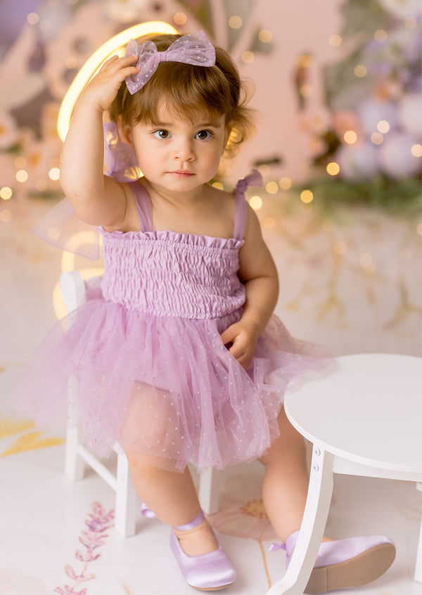 Kaylene Swiss Dot Romper in Lavender
