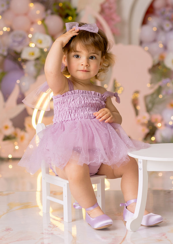 Kaylene Swiss Dot Romper in Lavender