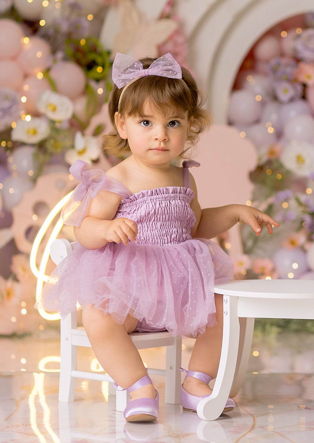 Baby Girl Swiss Dot Romper in Lavender