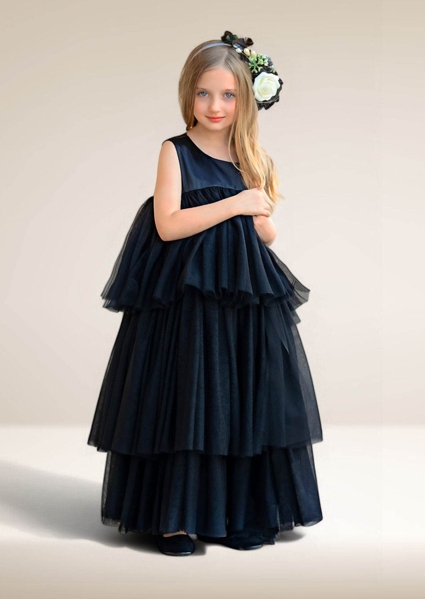 Layered Black Satin & Tulle Flower Girl Dress (Clearance)
