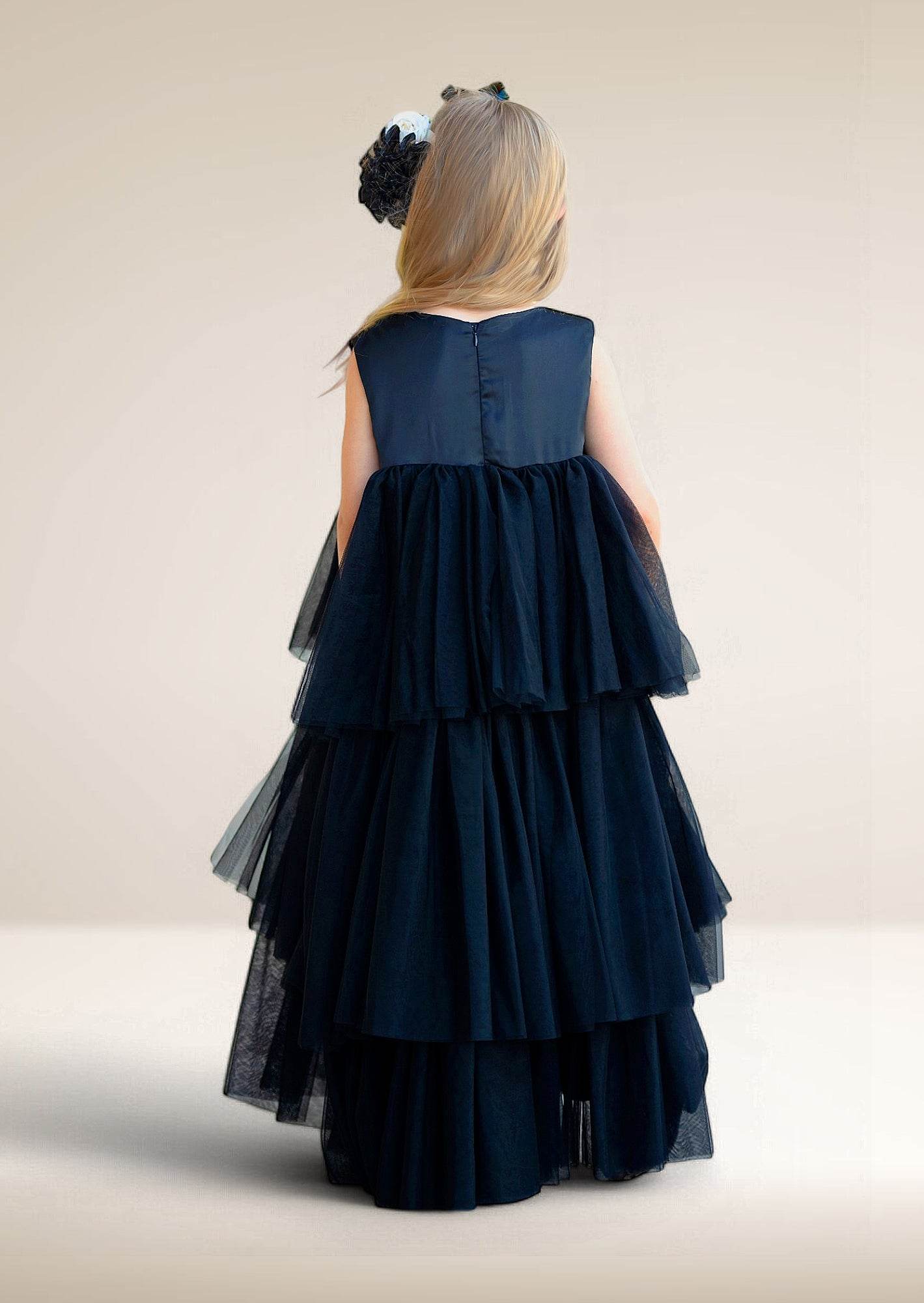 Layered Black Satin & Tulle Flower Girl Dress (Clearance)