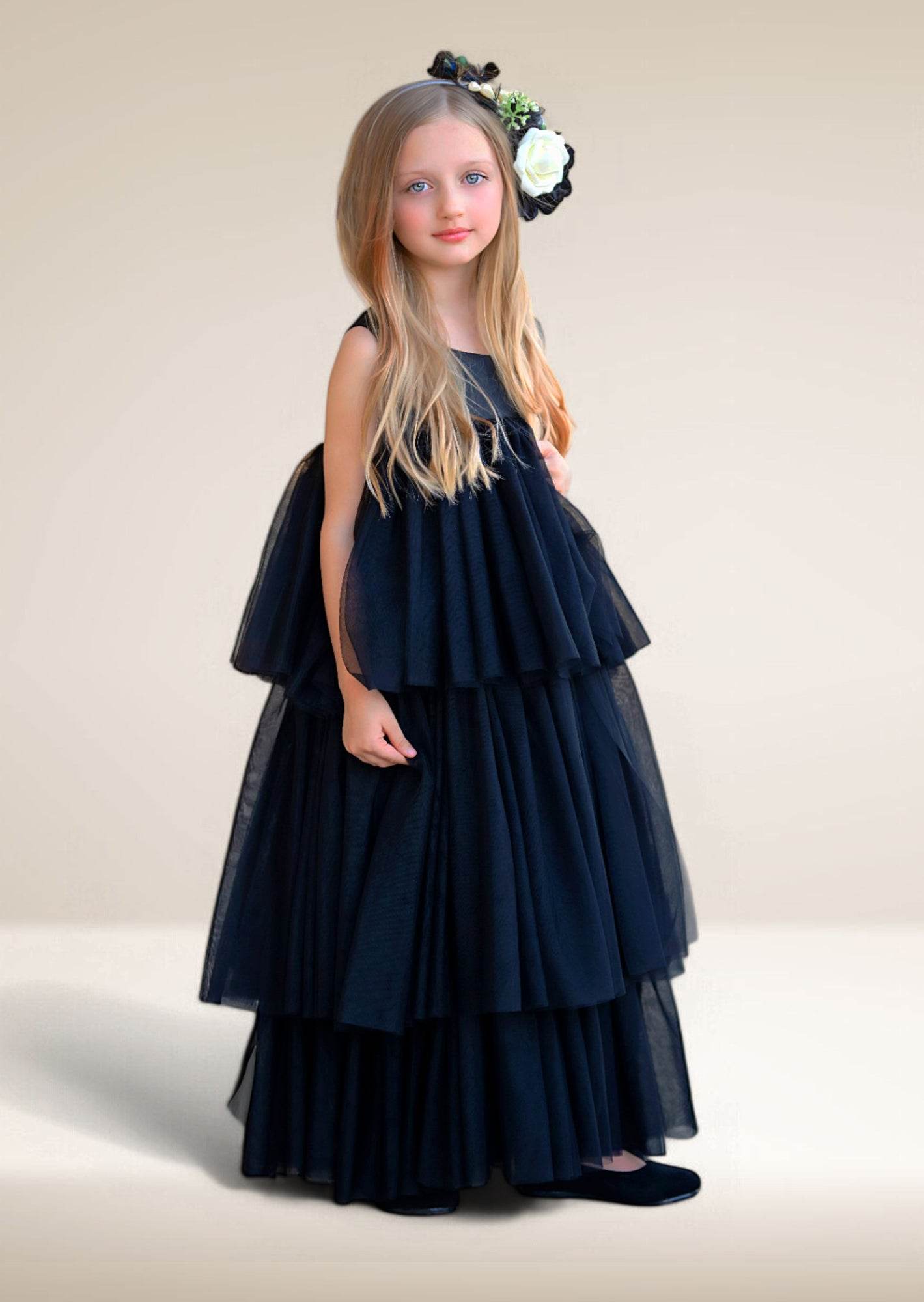 Layered Black Satin & Tulle Flower Girl Dress (Clearance)