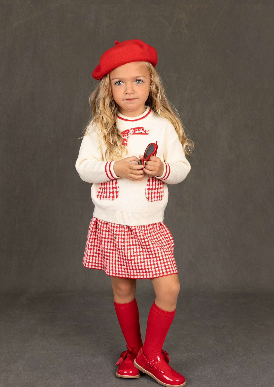 Toddler Girl Sweater and Skirt Set in red Check