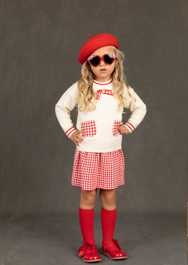 Toddler Girl Sweater and Skirt Set in red Check