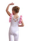 girls ruffle sleeve leotards in pink and white