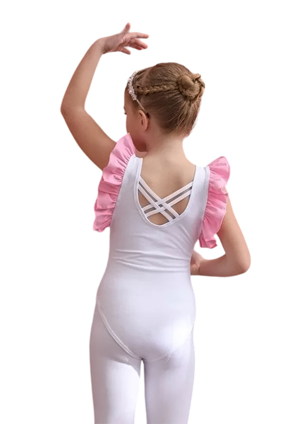 girls ruffle sleeve leotards in pink and white