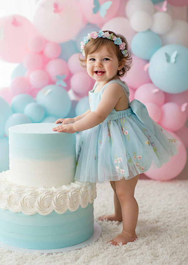Baby Blue Tie Back Cake Smash 1st Birthday Baby Romper Girl