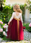 burgundy and white flower girl dress with gold sash