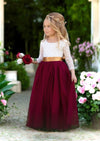 Burgundy tulle flower girl dress with sleeves for toddlers