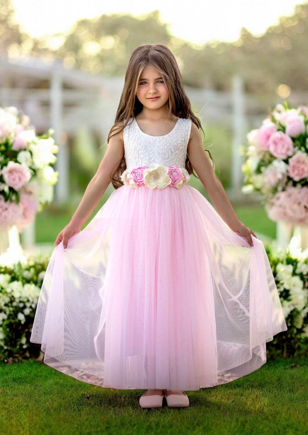 Light Pink Sleeveless Tulle & Lace Dress (Clearance)