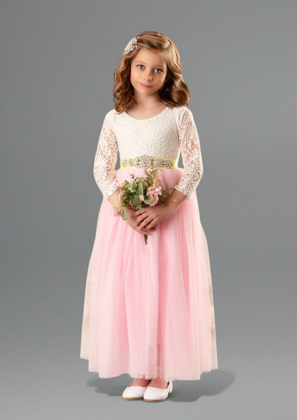 pink and white tulle flower girl dresses with yellow rhinestone sash