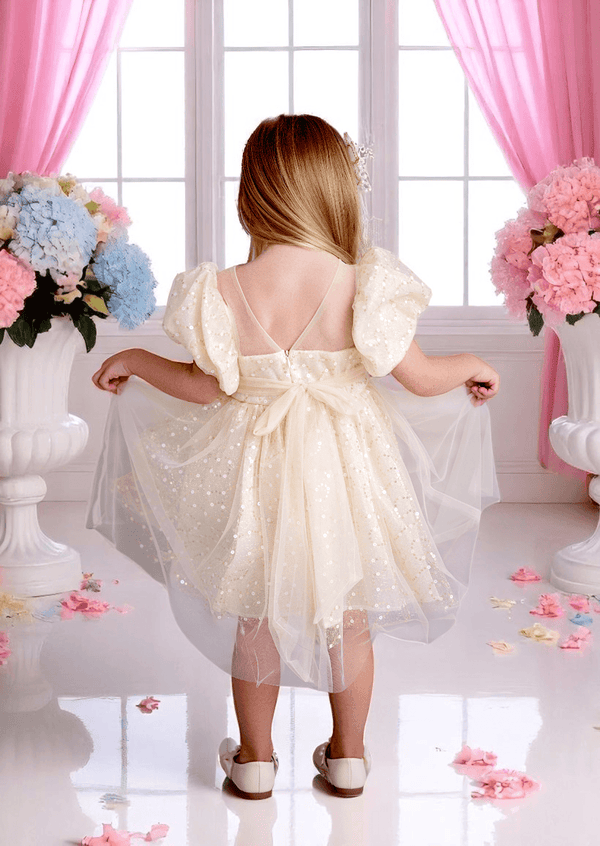 Toddler Girl Beige Puff Sleeve Formal Dress | Elegant Sequin Gown