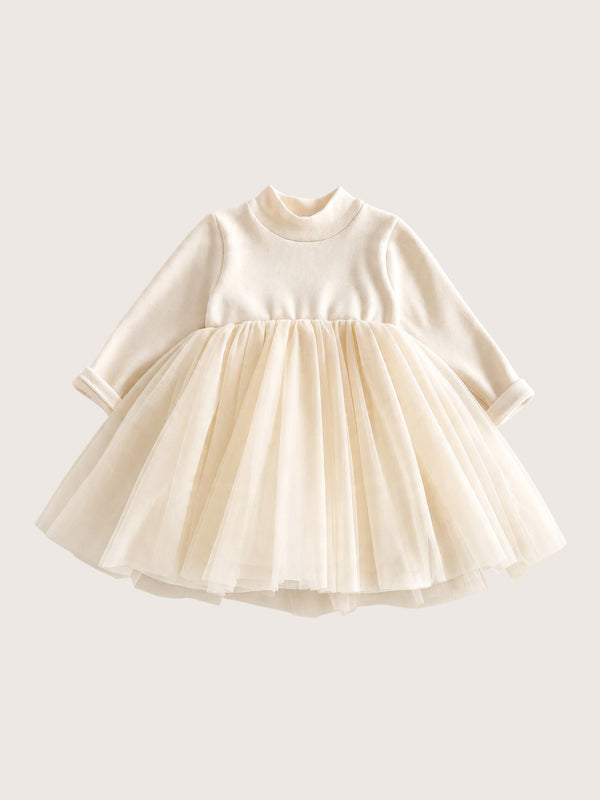 Girls Tulle Dress in Ivory | Fleece Lined Long Sleeve Tutu Dress