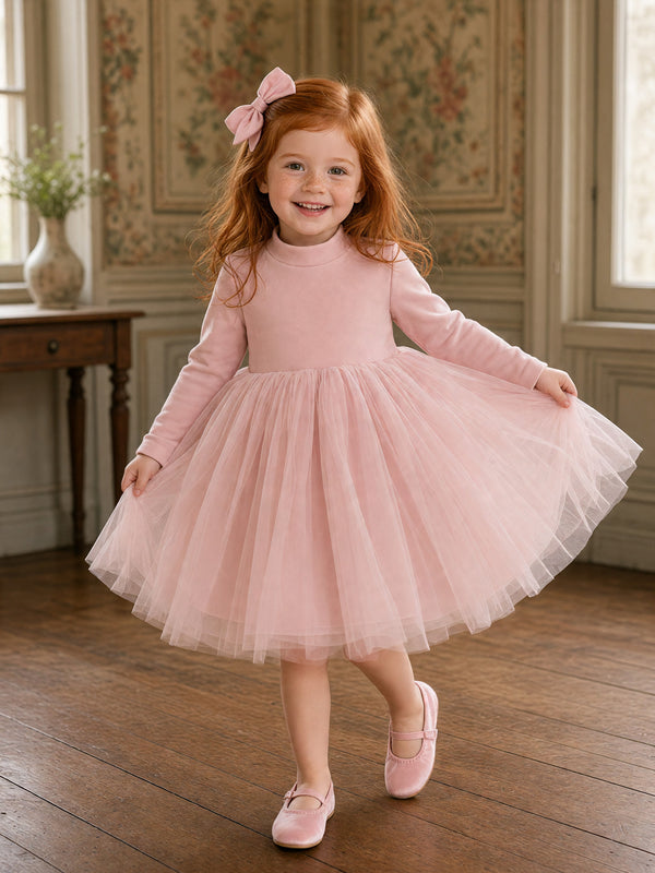 Girls Fleece-Lined Tulle Dress  Blush Dahlia | Long Sleeve Tutu Dress