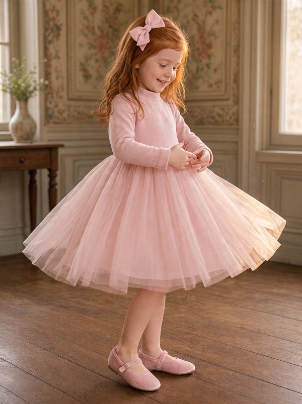 Girls Fleece-Lined Tulle Dress  Blush Dahlia | Long Sleeve Tutu Dress