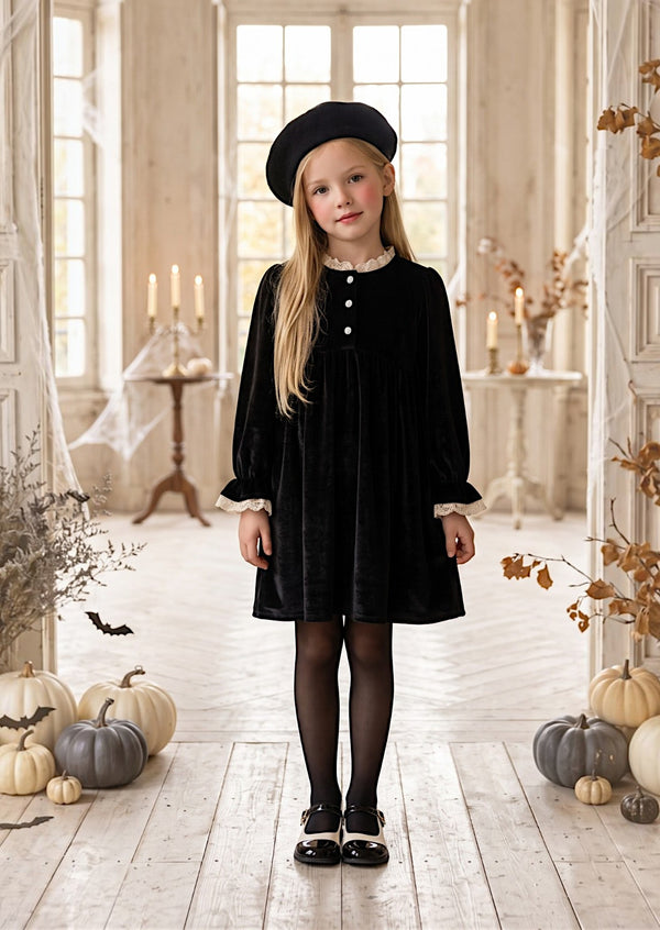 Little Miss Lovely Velvet Dress in Black | Girls Little Black Dress