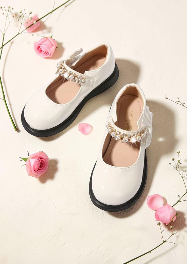 Little Miss Pearls Mary Jane Flats in White | Little Girls Dress Shoes
