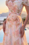 Close up - Off‑Shoulder Floral Chiffon Gown – Elegant A‑Line Dress