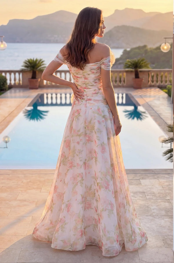 Back view - Off‑Shoulder Floral Chiffon Gown – Elegant A‑Line Dress