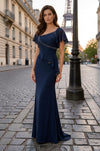 Navy Asymmetric Beaded Gown | Elegant Mother of the Bride Dress