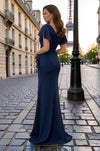 Navy Asymmetric Beaded Gown | Elegant Mother of the Bride Dress