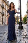 Navy Asymmetric Beaded Gown | Elegant Mother of the Bride Dress