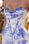 close-up Blue Floral Strapless Gown – Elegant Ruffled Evening Dress