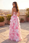 back view - Pink Floral Strapless Gown – Tiered Ruffle Evening Dress