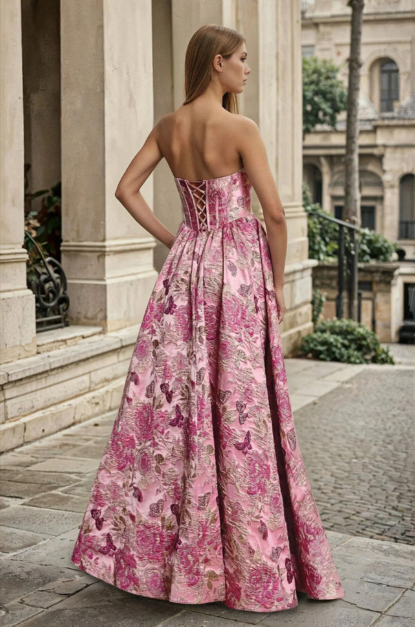 Back View - Strapless Jacquard Ball Gown – Structured Formal Dress