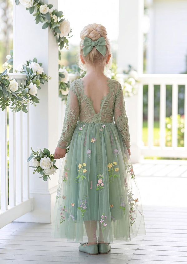 Sage Floral Flower Girl Dress with sleeves
