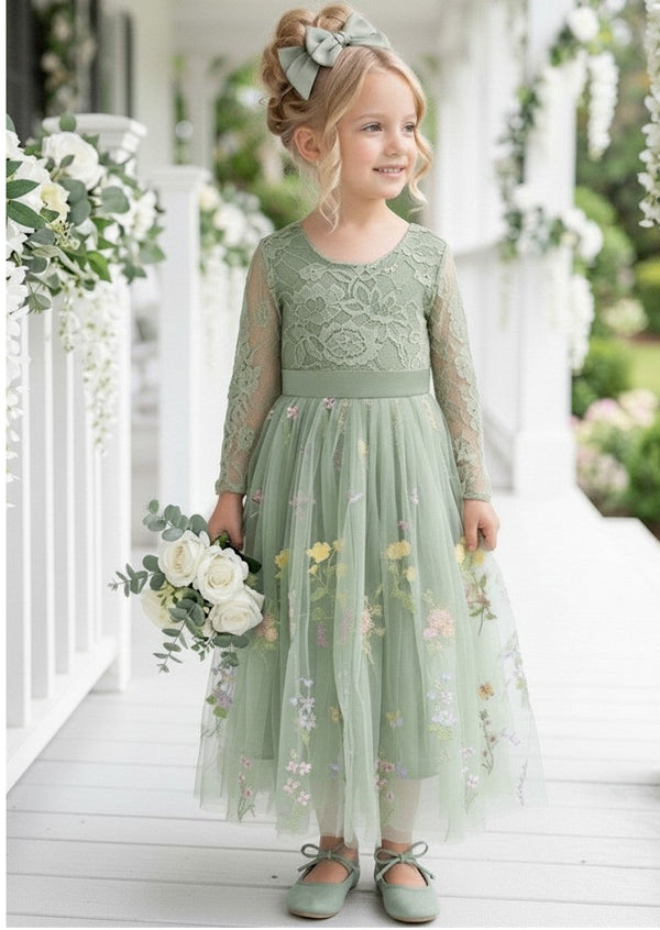 Sage Floral Flower Girl Dress with sleeves