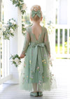 Sage Floral Flower Girl Dress with sleeves back view