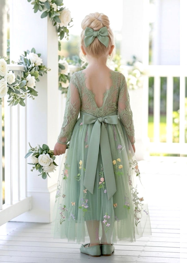 Sage Floral Flower Girl Dress with sleeves back view