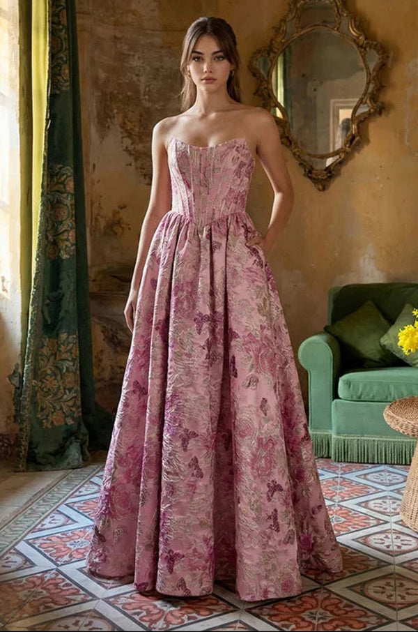 Strapless Jacquard Ball Gown – Structured Formal Dress