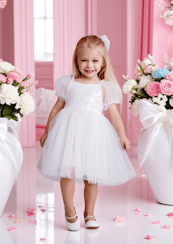 Luna Knee Length White Sequin Flower Girl Dress