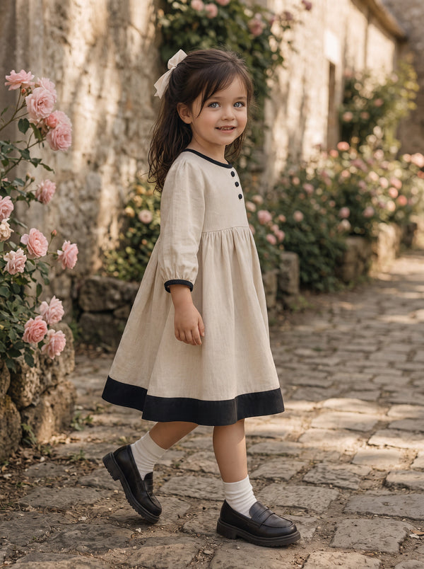 Marla Natural Linen Dress with Black Trim | Girls Fall Clothing