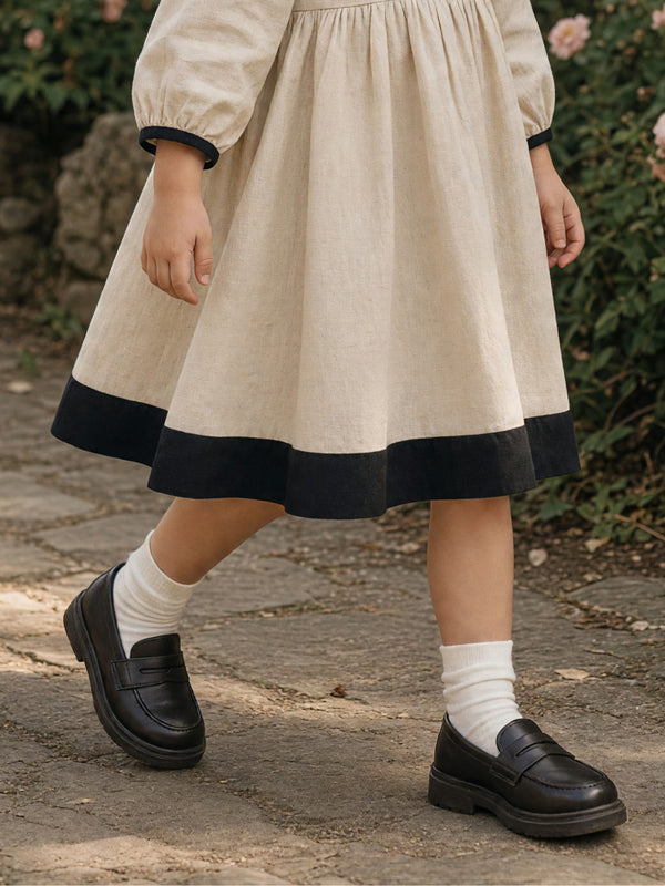 Marla Natural Linen Dress with Black Trim | Girls Fall Clothing