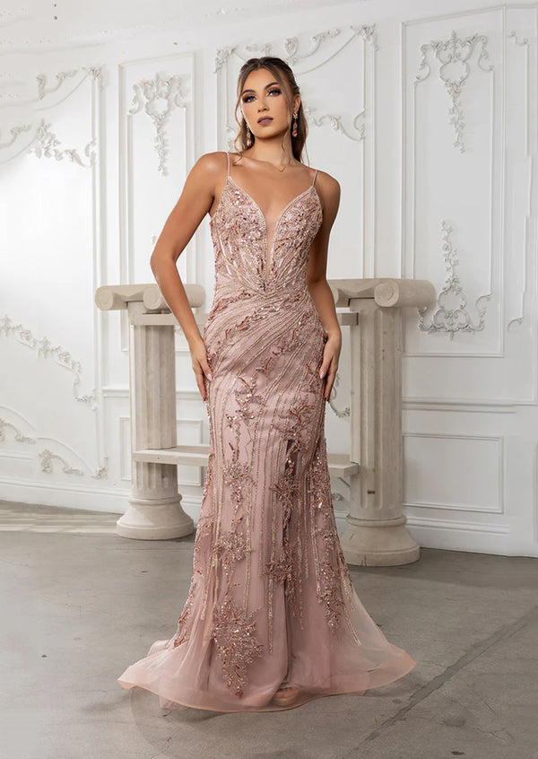 Rose Gold Sequin Lace-Up Back Mermaid Formal Prom Dress