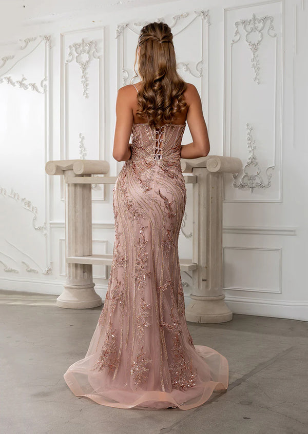Rose Gold Sequin Lace-Up Back Mermaid Formal Prom Dress