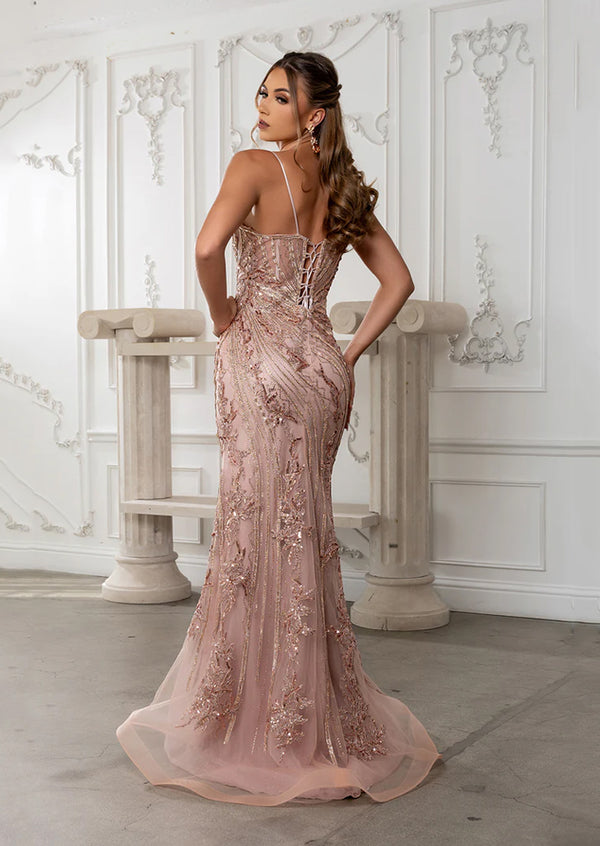 Rose Gold Sequin Lace-Up Back Mermaid Formal Prom Dress