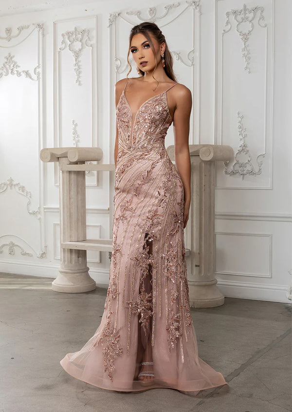 Rose Gold Sequin Lace-Up Back Mermaid Formal Prom Dress