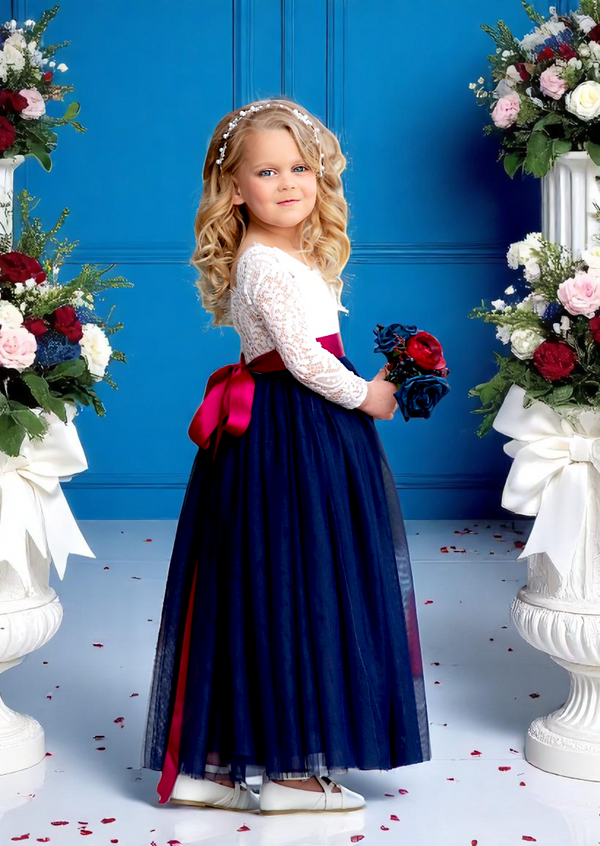Navy Blue & White Tulle & Lace Elegant Flower Girl Dress