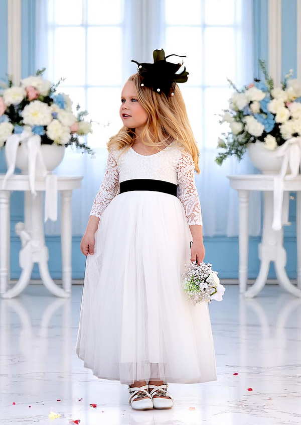Classic White or Ivory Long Sleeve Tulle & Lace Flower Girl Dress