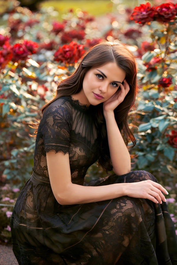 Close up - Black Lace Midi Dress – Short Sleeve Cocktail & Formal Style