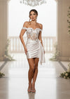 Ivory Off‑Shoulder Corset Mini Dress with Train | Satin Cocktail Gown
