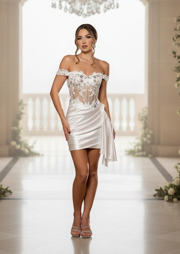 Mini Satin Cocktail Dress in Ivory