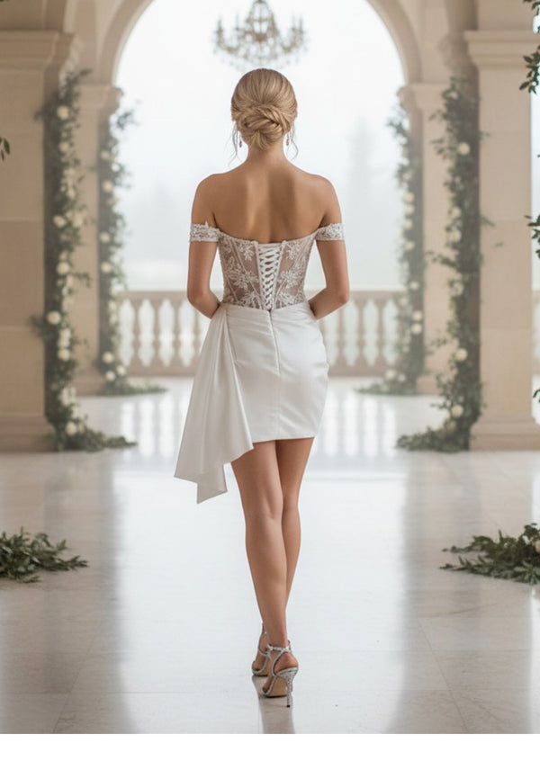 Ivory Beaded Off‑Shoulder Corset Mini Dress | Satin Formal Cocktail Dress
