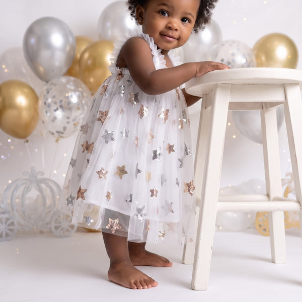 Fairy Moon & Stars Tutu Dress in White | Cake Smash Outfit Girl