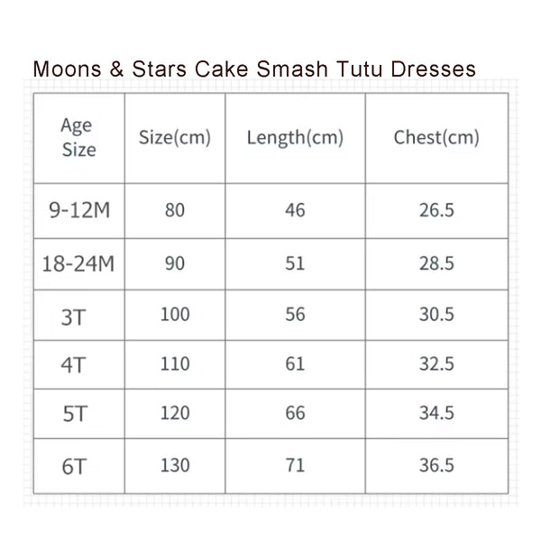 Moons & Stars Cake Smash Tutu Dresses Size Chart